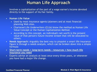 Human Life Approach
   Involves a capitalization of the part of a wage earner's income devoted
   directly to the support of his/her family.

• Human Life Value
   • Used by most insurance agents/planners and at most financial-
      planning Web sites.
   • Chartered Life Underwriters (CLUs) know the method as Human Life
      Value Concept or the Human Capitalization Method.
   • According to this concept, an individual's net worth is the present
      value of that person's future income stream that will be allocated to
      others.
• Needs Approach: Arguably the best way to pinpoint a smart life insurance
  figure is through a needs analysis, which can be broken down into a simple
  formula:
• Short-term needs + long-term needs - resources = how much life
  insurance you need
• Experts advise an analysis at least once every three years, or whenever
  you have had a major life change.



Certified Financial Planner                       Module 2: Risk Mgmt & Insurance
 