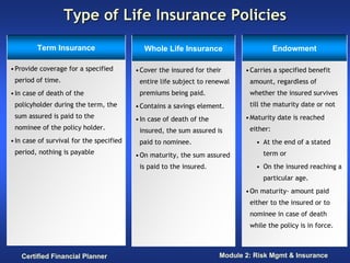 Type of Life Insurance Policies
         Term Insurance                      Whole Life Insurance                       Endowment

• Provide coverage for a specified        • Cover the insured for their      • Carries a specified benefit
 period of time.                           entire life subject to renewal     amount, regardless of
• In case of death of the                  premiums being paid.               whether the insured survives
 policyholder during the term, the        • Contains a savings element.       till the maturity date or not
 sum assured is paid to the               • In case of death of the          • Maturity date is reached
 nominee of the policy holder.             insured, the sum assured is        either:
• In case of survival for the specified    paid to nominee.                     • At the end of a stated
 period, nothing is payable               • On maturity, the sum assured           term or
                                           is paid to the insured.              • On the insured reaching a
                                                                                   particular age.
                                                                             • On maturity- amount paid
                                                                              either to the insured or to
                                                                              nominee in case of death
                                                                              while the policy is in force.



   Certified Financial Planner                                        Module 2: Risk Mgmt & Insurance
 