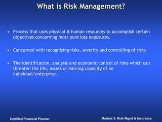 What is Risk Management?


• Process that uses physical & human resources to accomplish certain
  objectives concerning mo...