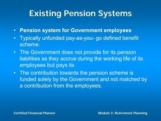 Existing Pension Systems
• Pension system for Government employees
• Typically unfunded pay-as-you- go defined benefit
  scheme.
• The Government does not provide for its pension
  liabilities as they accrue during the working life of its
  employees but pays its
• The contribution towards the pension scheme is
  funded solely by the Government and not matched by
  a contribution from the employees.



Certified Financial Planner          Module 3: Retirement Planning
 