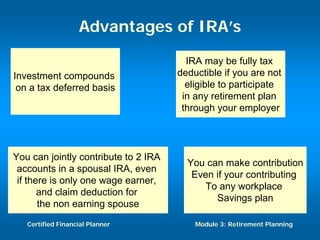 Advantages of IRA’s

                                        IRA may be fully tax
Investment compounds                  deductible if you are not
 on a tax deferred basis                eligible to participate
                                       in any retirement plan
                                       through your employer




You can jointly contribute to 2 IRA
                                        You can make contribution
 accounts in a spousal IRA, even
                                         Even if your contributing
 if there is only one wage earner,
                                            To any workplace
       and claim deduction for
                                              Savings plan
       the non earning spouse
   Certified Financial Planner            Module 3: Retirement Planning
 