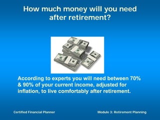 How much money will you need
           after retirement?




  According to experts you will need between 70%
  & 90% of your current income, adjusted for
  inflation, to live comfortably after retirement.


Certified Financial Planner      Module 3: Retirement Planning
 