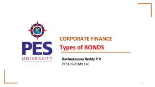 CORPORATE FINANCE
Ravinarayana Reddy P V
PES1PG21MB276
1
Types of BONDS
 