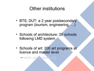 Other institutions BTS, DUT: a 2 year postsecondary program (tourism, engineering, …) Schools of architecture: 20 schools following LMD system Schools of art: 200 art programs at licence and master level  www.campusart.org 