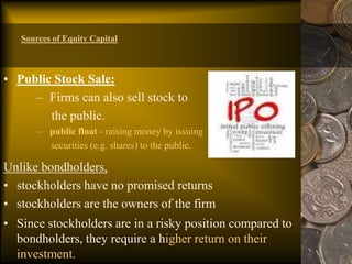 • Public Stock Sale:
– Firms can also sell stock to
the public.
– public float - raising money by issuing
securities (e.g. shares) to the public.
Unlike bondholders,
• stockholders have no promised returns
• stockholders are the owners of the firm
• Since stockholders are in a risky position compared to
bondholders, they require a higher return on their
investment.
Sources of Equity Capital
 