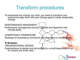 Transform procedures
To emphasise the change you want, you need to transform your
procedures align them with your change goal to create sustainable
change.
PERFORMANCE MANGEMENT
Performance management process upgrade and alignment with
change goals.
COMPETENCY FRAMEWORK
Redesign of competency framework and alignment to change goals.
 Multiplier
ORGANISATIONAL DESIGN
Organisational re-design and job profiles for a small department of up
to 3 levels and 5 key roles.
 