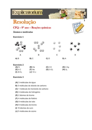 Resolução
CFQ – 8º ano – Reações químicas
Átomos e moléculas
Exercício 1
A) B B) C C) D D) A
Exercício 2
(A) N (B) He (C) 3 K (D) 2 Ag
(E) 6 C (F) Na (G) 5 Cℓ2 (H) S8
(I) 20 O2 (J) 10 Li
Exercício 3
(A) 3 moléculas de água
B) 5 moléculas de dióxido de carbono
(C) 1 molécula de monóxido de carbono
(D) 3 moléculas de hidrogénio
(E) 2 átomos de bromo
(F) 4 moléculas de fósforo
(G) 9 moléculas de iodo
(H) 9 moléculas de bromo
(I) 10 átomos de ouro
(J) 5 moléculas de ozono
 