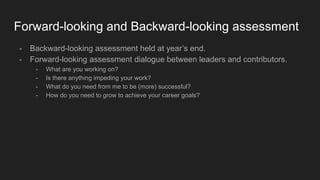 Forward-looking and Backward-looking assessment
- Backward-looking assessment held at year’s end.
- Forward-looking assessment dialogue between leaders and contributors.
- What are you working on?
- Is there anything impeding your work?
- What do you need from me to be (more) successful?
- How do you need to grow to achieve your career goals?
 