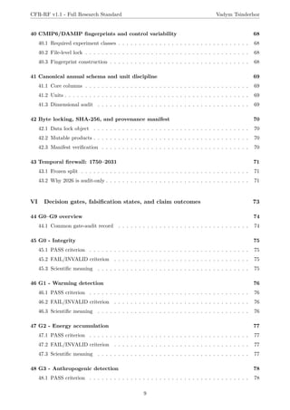 CFR-RF v1.1 - Full Research Standard Vadym Tsinderhoz
40 CMIP6/DAMIP fingerprints and control variability 68
40.1 Required experiment classes . . . . . . . . . . . . . . . . . . . . . . . . . . . . . . . . 68
40.2 File-level lock . . . . . . . . . . . . . . . . . . . . . . . . . . . . . . . . . . . . . . . . 68
40.3 Fingerprint construction . . . . . . . . . . . . . . . . . . . . . . . . . . . . . . . . . . 68
41 Canonical annual schema and unit discipline 69
41.1 Core columns . . . . . . . . . . . . . . . . . . . . . . . . . . . . . . . . . . . . . . . . 69
41.2 Units . . . . . . . . . . . . . . . . . . . . . . . . . . . . . . . . . . . . . . . . . . . . . 69
41.3 Dimensional audit . . . . . . . . . . . . . . . . . . . . . . . . . . . . . . . . . . . . . 69
42 Byte locking, SHA-256, and provenance manifest 70
42.1 Data lock object . . . . . . . . . . . . . . . . . . . . . . . . . . . . . . . . . . . . . . 70
42.2 Mutable products . . . . . . . . . . . . . . . . . . . . . . . . . . . . . . . . . . . . . . 70
42.3 Manifest verification . . . . . . . . . . . . . . . . . . . . . . . . . . . . . . . . . . . . 70
43 Temporal firewall: 1750–2031 71
43.1 Frozen split . . . . . . . . . . . . . . . . . . . . . . . . . . . . . . . . . . . . . . . . . 71
43.2 Why 2026 is audit-only . . . . . . . . . . . . . . . . . . . . . . . . . . . . . . . . . . . 71
VI Decision gates, falsification states, and claim outcomes 73
44 G0–G9 overview 74
44.1 Common gate-audit record . . . . . . . . . . . . . . . . . . . . . . . . . . . . . . . . 74
45 G0 - Integrity 75
45.1 PASS criterion . . . . . . . . . . . . . . . . . . . . . . . . . . . . . . . . . . . . . . . 75
45.2 FAIL/INVALID criterion . . . . . . . . . . . . . . . . . . . . . . . . . . . . . . . . . 75
45.3 Scientific meaning . . . . . . . . . . . . . . . . . . . . . . . . . . . . . . . . . . . . . 75
46 G1 - Warming detection 76
46.1 PASS criterion . . . . . . . . . . . . . . . . . . . . . . . . . . . . . . . . . . . . . . . 76
46.2 FAIL/INVALID criterion . . . . . . . . . . . . . . . . . . . . . . . . . . . . . . . . . 76
46.3 Scientific meaning . . . . . . . . . . . . . . . . . . . . . . . . . . . . . . . . . . . . . 76
47 G2 - Energy accumulation 77
47.1 PASS criterion . . . . . . . . . . . . . . . . . . . . . . . . . . . . . . . . . . . . . . . 77
47.2 FAIL/INVALID criterion . . . . . . . . . . . . . . . . . . . . . . . . . . . . . . . . . 77
47.3 Scientific meaning . . . . . . . . . . . . . . . . . . . . . . . . . . . . . . . . . . . . . 77
48 G3 - Anthropogenic detection 78
48.1 PASS criterion . . . . . . . . . . . . . . . . . . . . . . . . . . . . . . . . . . . . . . . 78
9
 