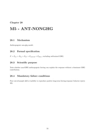Chapter 28
M5 - ANT-NONGHG
28.1 Mechanism
Anthropogenic non-ghg model.
28.2 Formal specification
F = Faer + FO3 + FLU + Fcontrail + Fother, excluding well-mixed GHG.
28.3 Scientific purpose
Tests whether non-GHG anthropogenic forcing can explain the response without a dominant GHG
contribution.
28.4 Mandatory failure conditions
Poor out-of-sample skill or inability to reproduce positive long-term forcing-response behavior rejects
M5.
55
 