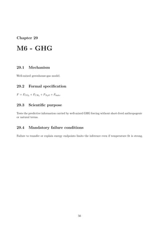 Chapter 29
M6 - GHG
29.1 Mechanism
Well-mixed greenhouse-gas model.
29.2 Formal specification
F = FCO2 + FCH4 + FN2O + Fhalo.
29.3 Scientific purpose
Tests the predictive information carried by well-mixed GHG forcing without short-lived anthropogenic
or natural terms.
29.4 Mandatory failure conditions
Failure to transfer or explain energy endpoints limits the inference even if temperature fit is strong.
56
 