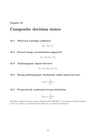Chapter 55
Composite decision states
55.1 Observed warming confirmed
SW = G0 ∧ G1.
55.2 Forced energy accumulation supported
SF = G0 ∧ G1 ∧ G2.
55.3 Anthropogenic signal detected
SA = G0 ∧ G1 ∧ G2 ∧ G3.
55.4 Strong anthropogenic attribution under historical tests
SANT =
8
^
j=0
Gj.
55.5 Prospectively confirmed strong attribution
SPROS =
9
^
j=0
Gj.
The label “confirmed” always means confirmed under CFR-RF v1.1 assumptions and data domain;
it does not convert an empirical climate claim into a mathematical theorem.
85
 