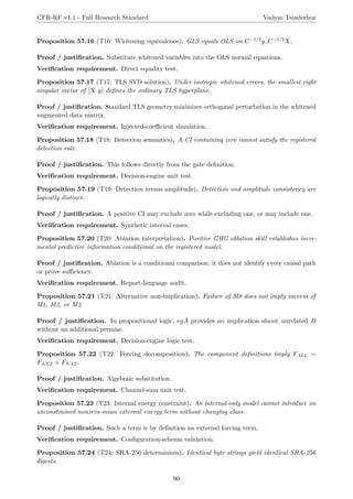 CFR-RF v1.1 - Full Research Standard Vadym Tsinderhoz
Proposition 57.16 (T16: Whitening equivalence). GLS equals OLS on C−1/2y, C−1/2X.
Proof / justification. Substitute whitened variables into the OLS normal equations.
Verification requirement. Direct equality test.
Proposition 57.17 (T17: TLS SVD solution). Under isotropic whitened errors, the smallest right
singular vector of [X y] defines the ordinary TLS hyperplane.
Proof / justification. Standard TLS geometry minimizes orthogonal perturbation in the whitened
augmented data matrix.
Verification requirement. Injected-coefficient simulation.
Proposition 57.18 (T18: Detection semantics). A CI containing zero cannot satisfy the registered
detection rule.
Proof / justification. This follows directly from the gate definition.
Verification requirement. Decision-engine unit test.
Proposition 57.19 (T19: Detection versus amplitude). Detection and amplitude consistency are
logically distinct.
Proof / justification. A positive CI may exclude zero while excluding one, or may include one.
Verification requirement. Synthetic interval cases.
Proposition 57.20 (T20: Ablation interpretation). Positive GHG ablation skill establishes incre-
mental predictive information conditional on the registered model.
Proof / justification. Ablation is a conditional comparison; it does not identify every causal path
or prove sufficiency.
Verification requirement. Report-language audit.
Proposition 57.21 (T21: Alternative non-implication). Failure of M8 does not imply success of
M1, M2, or M3.
Proof / justification. In propositional logic, egA provides no implication about unrelated B
without an additional premise.
Verification requirement. Decision-engine logic test.
Proposition 57.22 (T22: Forcing decomposition). The component definitions imply FALL =
FANT + FNAT .
Proof / justification. Algebraic substitution.
Verification requirement. Channel-sum unit test.
Proposition 57.23 (T23: Internal energy constraint). An internal-only model cannot introduce an
unconstrained nonzero-mean external energy term without changing class.
Proof / justification. Such a term is by definition an external forcing term.
Verification requirement. Configuration-schema validation.
Proposition 57.24 (T24: SHA-256 determinism). Identical byte strings yield identical SHA-256
digests.
90
 