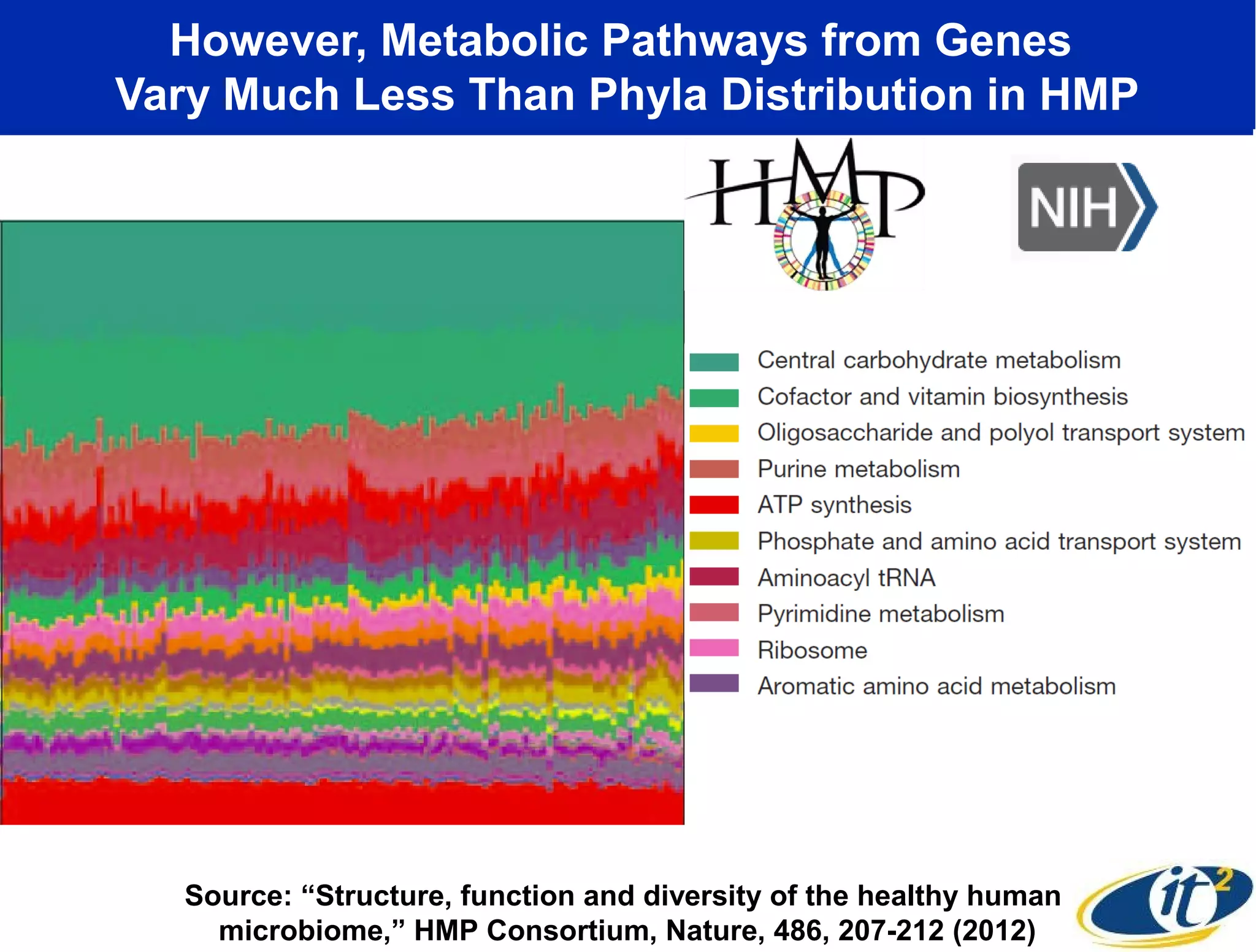 However, Metabolic Pathways from Genes
Vary Much Less Than Phyla Distribution in HMP
Source: “Structure, function and diversity of the healthy human
microbiome,” HMP Consortium, Nature, 486, 207-212 (2012)
 