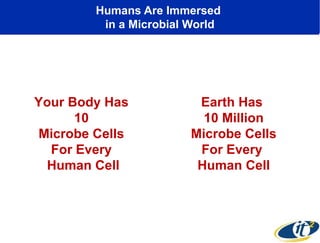 Humans Are Immersed
in a Microbial World
Your Body Has
10
Microbe Cells
For Every
Human Cell
Earth Has
10 Million
Microbe Cells
For Every
Human Cell
 