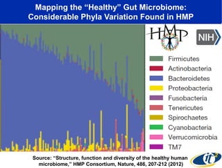 Mapping the “Healthy” Gut Microbiome:
Considerable Phyla Variation Found in HMP
Source: “Structure, function and diversity of the healthy human
microbiome,” HMP Consortium, Nature, 486, 207-212 (2012)
 