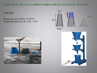 Concrete:
Slump cone test ASTM C143-M-05
Compaction factor test IS: 1199 – 1959
CONCRETE (PCC) & CARBON FIBER WRAP CONCRETE TESTING
 