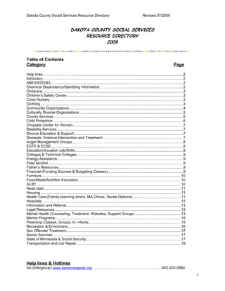 Dakota County Social Services Resource Directory                                                            Revised 07/2009


                                         DAKOTA COUNTY SOCIAL SERVICES
                                              RESOURCE DIRECTORY
                                                     2009


Table of Contents
Category                                                                                                                                 Page

Help lines………………………........................................................................................................2
Advocacy…………………………………………………………………...............................................2
ABE/GED/GEL................................................................................................................................2
Chemical Dependency/Gambling information……………………....................................................2
Childcare.........................................................................................................................................3
Children’s Safety Center.................................................................................................................3
Crisis Nursery.................................................................................................................................3
Clothing...........................................................................................................................................3
Community Organizations...............................................................................................................4
Culturally Diverse Organizations …................................................................................................5
County Services .............................................................................................................................6
Child Protection…...........................................................................................................................6
Chrysalis Center for Women...........................................................................................................7
Disability Services...........................................................................................................................7
Divorce Education & Support..........................................................................................................7
Domestic Violence Intervention and Treatment……………............................................................ 7
Anger Management Groups……………………………….................................................................8
ECFE & ECSE................................................................................................................................8
Education/Vocation Job/Skills.........................................................................................................8
Colleges & Technical Colleges………………………………….........................................................9
Energy Assistance..........................................................................................................................9
Fetal Alcohol...................................................................................................................................9
Father’s Resources.........................................................................................................................9
Financial (Funding Sources & Budgeting Classes).........................................................................9
Furniture........................................................................................................................................10
Food/Meals/Nutrition Education....................................................................................................10
GLBT.............................................................................................................................................10
Head start.....................................................................................................................................11
Housing ........................................................................................................................................11
Health Care (Family planning clinics, MA Clinics, Dental Options)...............................................11
Hospitals.......................................................................................................................................12
Information and Referral...............................................................................................................13
Legal Resources...........................................................................................................................13
Mental Health (Counseling, Treatment, Websites, Support Groups..............................................13
Mentor Programs..........................................................................................................................15
Parenting Classes, Groups, In –Home..........................................................................................15
Recreation & Enrichment..............................................................................................................16
Sex Offender Treatment................................................................................................................17
Senior Services….........................................................................................................................17
State of Minnesota & Social Security............................................................................................17
Transportation and Car Repair......................................................................................................18




Help lines & Hotlines
AA (Intergroup) www.aaminneapolis.org ………………………………………………..952-922-0880
                                                                                                                                                       1
 