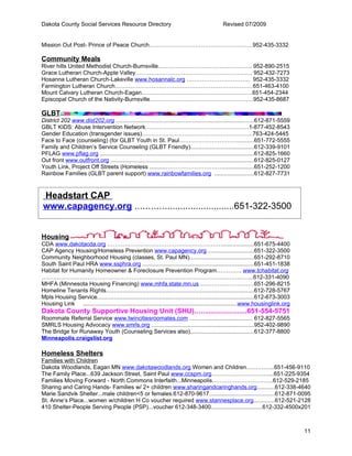 Dakota County Social Services Resource Directory                                            Revised 07/2009


Mission Out Post- Prince of Peace Church………………………………………………952-435-3332

Community Meals
River hills United Methodist Church-Burnsville…………………………………………. 952-890-2515
Grace Lutheran Church-Apple Valley……………………………………………………. 952-432-7273
Hosanna Lutheran Church-Lakeville www.hosannalc.org …………………………… 952-435-3332
Farmington Lutheran Church………………………………………………………………651-463-4100
Mount Calvary Lutheran Church-Eagan………………………………………………….651-454-2344
Episcopal Church of the Nativity-Burnsville………………………………………………952-435-8687

GLBT
District 202 www.dist202.org ....................................................................................612-871-5559
GBLT KIDS: Abuse Intervention Network………………………………………………1-877-452-8543
Gender Education (transgender issues)………………………………………………….763-424-5445
Face to Face (counseling) (for GLBT Youth in St. Paul…………………………..........651-772-5555
Family and Children’s Service Counseling (GLBT Friendly).......................................612-339-9101
PFLAG www.pflag.org ..............................................................................................612-825-1660
Out front www.outfront.org .......................................................................................612-825-0127
Youth Link, Project Off Streets (Homeless ..........…………………………...................651-252-1200
Rainbow Families (GLBT parent support) www.rainbowfamilies.org ........................612-827-7731



Headstart CAP
www.capagency.org ......................................651-322-3500


Housing
CDA www.dakotacda.org ……………………………………………………...................651-675-4400
CAP Agency Housing/Homeless Prevention www.capagency.org ............................651-322-3500
Community Neighborhood Housing (classes, St. Paul MN).......................................651-292-8710
South Saint Paul HRA www.ssphra.org ....................................................................651-451-1838
Habitat for Humanity Homeowner & Foreclosure Prevention Program…………. www.tchabitat.org
………………………………………………………………………………………………...612-331-4090
MHFA (Minnesota Housing Financing) www.mhfa.state.mn.us ……………………....651-296-8215
Homeline Tenants Rights..........................................................................................612-728-5767
Mpls Housing Service...............................................................................................612-673-3003
Housing Link .............................................................................................www.housinglink.org
Dakota County Supportive Housing Unit (SHU)..........................651-554-5751
Roommate Referral Service www.twincitiesroomates.com ...................................... 612-827-5565
SMRLS Housing Advocacy www.smrls.org ..............................................................952-402-9890
The Bridge for Runaway Youth (Counseling Services also).......................................612-377-8800
Minneapolis.craigslist.org

Homeless Shelters
Families with Children
Dakota Woodlands, Eagan MN www.dakotawoodlands.org Women and Children…………...651-456-9110
The Family Place...639 Jackson Street, Saint Paul www.ccspm.org…………………………...651-225-9354
Families Moving Forward - North Commons Interfaith...Minneapolis…………………………..612-529-2185
Sharing and Caring Hands- Families w/ 2+ children www.sharingandcaringhands.org...........612-338-4640
Marie Sandvik Shelter...male children<5 or females.612-870-9617........................................612-871-0095
St. Anne’s Place...women w/children H Co voucher required www.stannesplace.org.............612-521-2128
410 Shelter-People Serving People (PSP)...voucher 612-348-3400...............................612-332-4500x201



                                                                                                                                  11
 