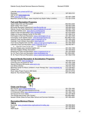 Dakota County Social Services Resource Directory                                                    Revised 07/2009


Lakeville www.comed.isd197.org.....................................................................................................
Randolph.......................................507-645-4773......................or.............................507-263-2151
SSP & IGH www.sspps.org
WSP www.isd.197.org .............................................................................................651-681-2389
MacPhail Center for Music..www.macphail.org (Apple Valley Location).................... 612-321-0100

Park and Recreation Programs
Apple Valley Park and Recreation………………………………………………………...952-953-2300
Apple Valley Teen Center...........................................................................................952-953-2385
Burnsville Recreation Department www.Burnsville.org ..............................................952-895-4500
Dakota County Parks Department www.co.dakota.mn.us.com ..................................952-891-7000
Burnsville Athletic Club www.etlamz.com/bacsports .................................................952-895-4425
Eagan’s Park and Recreation www.cityofeagan.com ................................................651-675-5000
Eagan Art House (Dakota Center for the Arts)............................................................651-686-9134
Farmington’s Park and Recreation www.ci.farmington.mn.us ...................................651-463-1850
Farmington Youth Athletic Assoc. www.farmingtonsports.org .................................952-985-FYAA
Hasting’s Park and Recreation www.ci.hastings.mn.us .............................................651-480-2350
Hastings Youth Athletic Association www.hyaa.info ..................................................651-437-8838
Inver Grove Heights Park and Rec. www.ci.inver-grove-heights.mn.us .....................651-450-2500
Lakeville’s Park and Recreation www.ci.lakeville.mn.us ............................................952-952-4611
    • Lakeville Center for the Arts             952-985-4640
Mendota Heigts.www.mendota-heights.com ..............................................................651-452-1850
Mendota Heights Athletic Association.........................................................................651-454-0433
Rosemount’s Park and Recreation www.ci.rosemount.mn.us ...................................651-322-6000
So. St. Paul’s Park and Recreation www.southstpaul.org ........................................651-554-3200
W. St. Paul’s Park and Recreation www.ci.west-saint-paul.mn.us..............................651-552-4150

Special Needs Recreation & Socialization Programs
Courage Center www.courage.org ............................................................................763-520-0473
Come As your are South St. Paul ..............................................................................651-455-1508
Special Olympics Minnesota www.somn.org .............................................................612-333-0999
Live Wires (Adults)…………………………………………………………………….........952-435-1623
MacPhail Center for Music (children’s music therapy) Apv. www.macphailj.org ........612-339-5627
People First ................................................................................................................952-890-3057
River Valley Project Explore (DD Adult)…………………………………………………..952-431-8735
West St. Paul Access Project………………………………………………………………651-405-2482




Clubs and Groups
Boy Scouts www.northernstarbsa.org…………………................................................651-224-1891
Camp Fire USA www.Minnesotacouncil.org……………………………………………. .651-647-4407
4 H Extension Office www.dakota.extension.umn.edu ..............................................651-480-7700
Girl Scouts ST.Croix Valley.........................................................................................651-227-8835
The Garage (Burnsville Teen Center)…………………………………………………….952-895-4664
Noreen Center (West St.Paul) After School and Summer Activities...........................651-905-4091

Recreation/Workout Places
YMCA
Burnsville www.ymcatwincities.org/locations/mnvalley.asp.......................................952-898-9622
Eagan          ..........................................................................................................651-456-9622
WSP South      ..........................................................................................................651-457-0048
                                                                                                                                            17
 