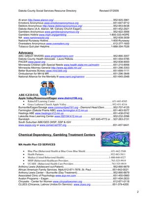 Dakota County Social Services Resource Directory                                           Revised 07/2009


Al anon http://www.alanon.org/...................................................................................952-920-3961
Emotions Anonymous www.emotionsanonymous.org ...............................................651-647-9712
Debtors Anonymous http://www.debtorsanonymous.org/...........................................952-953-8438
Dakota Alano (A.A. Alanon, Mt. Calvary Church Eagan)............................................651-452-2921
Gamblers Anonymous www.gamblersanonymous.org ..............................................952-922-3956
Gamblers Hotline www.miph.org/gambling ...........................................................1-800-333-HOPE
NA www.naminnesota.org .......................................................................................952-939-3939
National Runaway Hotline......................................................................................1-800-Runaway
Overeaters Anonymous www.overeaters.org ...........................................................612-377-1600
Tobacco Quit plan Helpline....................................................................................1-888-354-7526

Advocacy
ARC GREAT RIVERS www.arcgreaterivers.com .....................................................952-890-3057
Dakota County Health Advocate - Laura Pelkola. ……………………………………… 651-554-5785
PACER www.pacer.org…………………………………………………….......................952-838-9000
Minnesota Children with Special Needs www.health.state.mn.us/mcshn ….............651-215-8956
Minnesota Attorney General http://www.ag.state.mn.us/............................................651-296-3353
Better Business Bureau www.mnd.bbb.org...............................................................651-699-1111
Ombudsman for MH & MR .......................................................................................651-296-3848
National Alliance for the Mentally Ill www.nami.org/naminn ......................................651-645-2948




ABE/GED/ESL
Apple Valley/Rosemount/Eagan www.district196.org
   • Rahncliff Learning Center……………………………..……………………………651-683-8585
   • Grace Lutheran Church Apple Valley…………………………………….………...952-431-8316
Burnsville/Eagan/Savage www.communityed191.org - Diamond Head Elem............952-707-4125
Farmington (Dakota Prairie ABE) www.farmington.k12.mn.us...................................651-463-5077
Hastings ABE www.hastings.k12.mn.us....................................................................651-438-0742
Lakeville Area Learning Center www.ISD194.k12.mn.us ...........................…………952-232-2096
Randolph………………………………………………………………507-645-4773 or ...507-263-2151
South Suburban ABE/GED (WSP, SSP & IGH
www.sspps.org or www.comed.isd197.org……………………………………………….651-457-9441


Chemical Dependency, Gambling Treatment Centers


MA Health Plan CD SERVICES

     • Blue Plus (Behavioral Health at Blue Cross Blue Shield……………………….…651-662-5548
     • Health Partners…………………………………………………………………….952-883-5811
     • Medica (United Behavioral Health)……………………………………………..1-800-848-8327
     • MHP (Behavioral Healthcare Providers…………………………………………...763-525-9919
     • UCARE (Behavioral Health Care Providers………………………………………763-525-9919
Anthony Lewis (Adolescent out-Patient)…………………………………………………. 952-890-8879
African American Family Services. Mpls.612-871-7878..St. Paul..............................651-642-0021
Anthony Lewis Center – Burnsville (Day Treatment)..................................................952-890-8879
Associated Clinic of Psychology www.acp-mn.com....................................................651-450-0860
Avalon Programs – Eagan………………………………………………………………….651-454-2833
Chrysalis - Center for Women www.chrysaliswomen.org...........................................612-871-0118
CLUES (Chicanos, Latinos Unidos En Servicio) www.clues.org...............................651-379-4200

                                                                                                                                2
 