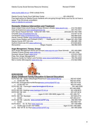 Dakota County Social Services Resource Directory                                       Revised 07/2009


www.courts.state.mn.us -Child custody forms.

Dakota County Family Court Self-Help Center……………………………...651-438-8102
Free legal advice for Dakota County residents who are going through family court but do not have a
lawyer. Free 30-minute consultation.
www.co.dakota.mn.us/courts

Domestic Violence Intervention and Treatment
Asian United Crisis Line & House of Peace Woman’s Shelter www.awumn.org .......612-724-8823
Casa de Esperanza www.casadesperanza.org. . ......................................................651-772-1611
CAC Sexual Assault Services hotline 651-405-1500................................advocate 651-452-7466
Chrysalis www.chrysaliswomen.org ..........................................................................612-871-0118
Cornerstone www.cornerstonemn.org ................……………………………………….952-884-0330
Harriet Tubman Shelter www.tubmanfamilyalliance.org.............................................612-825-0000
Lewis House Shelters and Outreach (CAC).........Hastings 651-437-1291......Eagan 651-452-7288
Dakota County OFP Info Line……………………………………………………………...952-985-1200
Outfront (Same sex DV) www.outfront.org……………………………………………….612-824-8434
Womankind………………………………..Ridges Hospital...........................................952-892-2505

Anger Management, Therapy, Groups
ACP (Anger Management Asmnt and Groups) www.acp-mn.com Dave Schmidt......651-450-0860
Children’s Home Society www.chsfs.org..............................................................651-451-1434
Domestic Abuse Project www.cvt.or .........................................................................612-874-7063
Petig, Ron (Anger Management)...............................................................................952-431-1515
Resource Center for Father’s and Families www.resourcesforfathers.org..................763-783-4938
Men’s Center (Minneapolis) www.tcmc.org................................................................612-822-5892




ECEC/ECSE
(Early Childhood Family Education & Special Education)
ECFE ISD 196 - Apple Valley/Eagan/Rosemount www.district196.org………………952-431-8340
   • ECSE ISD 196                                                                                952-431-8700
ECFE ISD 191Eagan/Burnsville/Savagewww.communityed191.org…………………952-707-4150
   • ECSE ISD 191                                                                                 952-707-4052
ECFE ISD 192 Farmington www.farmington.k12.mn.us……………………………...651-460-3200
   • ECSE ……………………………………………………………………………..651-463-5066
ECFE ISD 200..Hastings www.hastings.k12.mn.us ……………………………………651-438-0874
ECFE ISD 199 IGH ………………………………………………………………………..651-457-9418
   • ECSE …………………………(ages 0-3 651-306-3606) (ages 3-5)………...651-306-737
ECFE ISD 195 Randolph…………………………………………………………………507-645-4773
   • ECSE………………………………………………………………………………507-263-2151
ECFE ISD 194 Lakeville www.comed.isd197.org ................................................952-469-7395
   • ECSE……………………………………………………………………………….952-469-7191
ECFE ISD 6 So. St. Paul www.sspps.org .............................................................651-438-0880
   • ECSE (age 3-5 651-457-9496)………………………………………Ages 0-3 651-306-3606
ECFE ISD 197 W. St. Paul www.comed.isd197.org.................................................651-405-2638




                                                                                                                           8
 