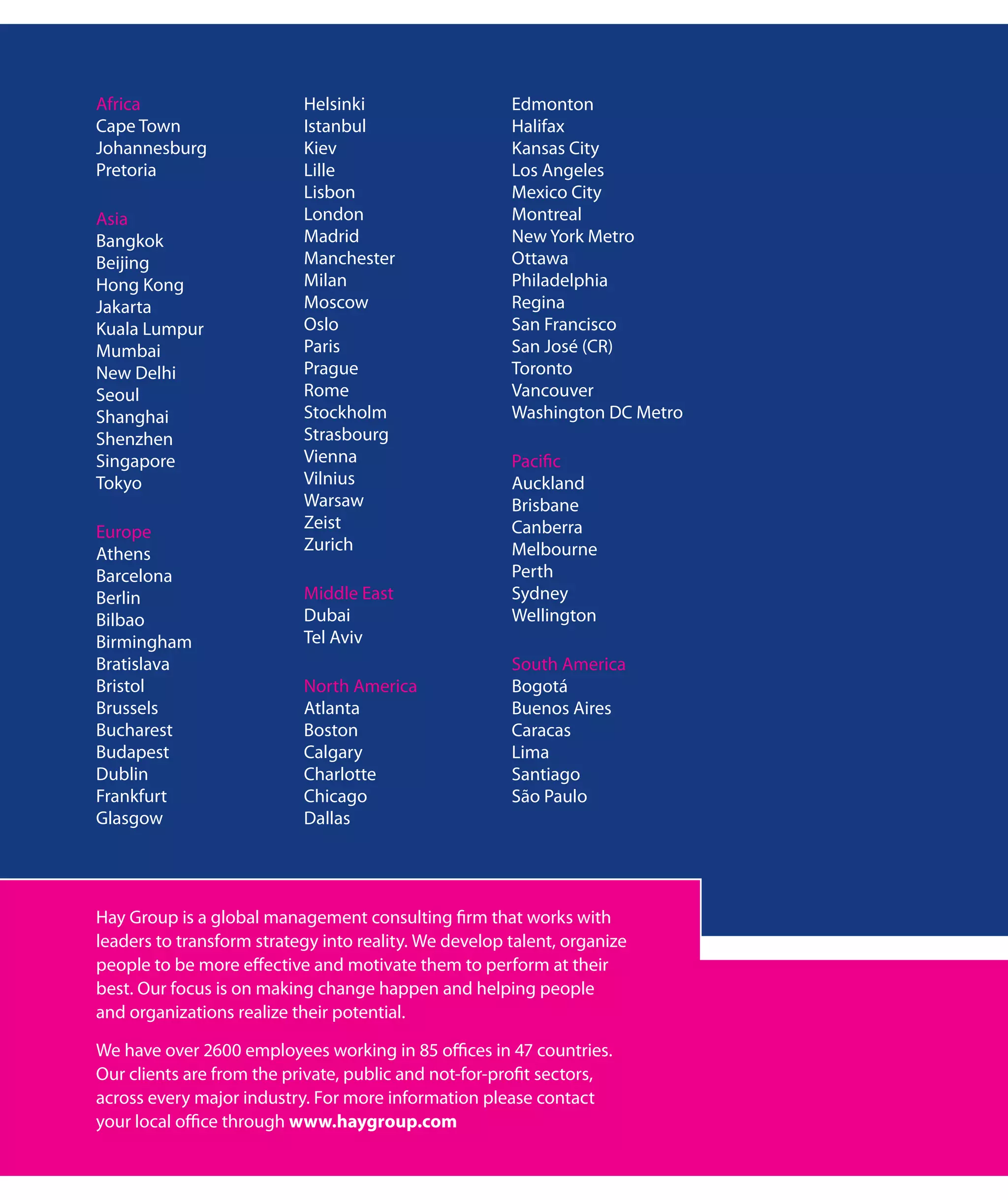 Africa                     Helsinki                    Edmonton
Cape Town                  Istanbul                    Halifax
Johannesburg               Kiev                        Kansas City
Pretoria                   Lille                       Los Angeles
                           Lisbon                      Mexico City
Asia                       London                      Montreal
Bangkok                    Madrid                      New York Metro
Beijing                    Manchester                  Ottawa
Hong Kong                  Milan                       Philadelphia
Jakarta                    Moscow                      Regina
Kuala Lumpur               Oslo                        San Francisco
Mumbai                     Paris                       San José (CR)
New Delhi                  Prague                      Toronto
Seoul                      Rome                        Vancouver
Shanghai                   Stockholm                   Washington DC Metro
Shenzhen                   Strasbourg
Singapore                  Vienna                      Pacific
Tokyo                      Vilnius                     Auckland
                           Warsaw                      Brisbane
                           Zeist                       Canberra
Europe
                           Zurich                      Melbourne
Athens
Barcelona                                              Perth
Berlin                     Middle East                 Sydney
Bilbao                     Dubai                       Wellington
Birmingham                 Tel Aviv
Bratislava                                             South America
Bristol                    North America               Bogotá
Brussels                   Atlanta                     Buenos Aires
Bucharest                  Boston                      Caracas
Budapest                   Calgary                     Lima
Dublin                     Charlotte                   Santiago
Frankfurt                  Chicago                     São Paulo
Glasgow                    Dallas




Hay Group is a global management consulting firm that works with
leaders to transform strategy into reality. We develop talent, organize
people to be more effective and motivate them to perform at their
best. Our focus is on making change happen and helping people
and organizations realize their potential.

We have over 2600 employees working in 85 offices in 47 countries.
Our clients are from the private, public and not-for-profit sectors,
across every major industry. For more information please contact
your local office through www.haygroup.com
 