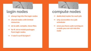 login nodes
➔ always log into the login nodes
➔ shared nodes with limited
resources
➔ ok to edit, compile, move files
➔ fo...