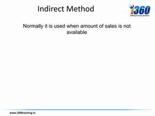 Indirect Method
Normally it is used when amount of sales is not
                    available
 