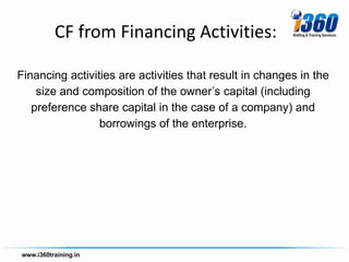 CF from Financing Activities:

Financing activities are activities that result in changes in the
    size and composition of the owner’s capital (including
   preference share capital in the case of a company) and
                 borrowings of the enterprise.
 