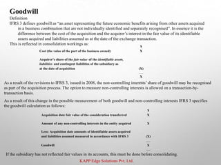 KAPP Edge Solutions Pvt. Ltd.
Goodwill
Definition
IFRS 3 defines goodwill as “an asset representing the future economic benefits arising from other assets acquired
in a business combination that are not individually identified and separately recognised”. In essence it is the
difference between the cost of the acquisition and the acquirer’s interest in the fair value of its identifiable
assets acquired and liabilities assumed as at the date of the exchange transaction.
This is reflected in consolidation workings as:
$
Cost (the value of the part of the business owned) X
Acquirer’s share of the fair value of the identifiable assets,
liabilities and contingent liabilities of the subsidiary as
at the date of acquisition (X)
____
X
____
As a result of the revisions to IFRS 3, issued in 2008, the non-controlling interests’share of goodwill may be recognised
as part of the acquisition process. The option to measure non-controlling interests is allowed on a transaction-by-
transaction basis.
As a result of this change in the possible measurement of both goodwill and non-controlling interests IFRS 3 specifies
the goodwill calculation as follows:
$
Acquisition date fair value of the consideration transferred X
Amount of any non-controlling interests in the entity acquired X
Less: Acquisition date amounts of identifiable assets acquired
and liabilities assumed measured in accordance with IFRS 3 (X)
____
Goodwill X
____
If the subsidiary has not reflected fair values in its accounts, this must be done before consolidating.
 