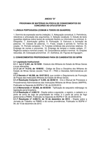 ANEXO "D"
PROGRAMA DE MATÉRIAS DA PROVA DE CONHECIMENTOS DO
CONCURSO AO CFS/CSTSP-2014
1. LÍNGUA PORTUGUESA (COMUM A TODOS OS QUADROS)
1. Domínio da expressão escrita (redação). 2. Adequação conceitual. 3. Pertinência,
relevância e articulação dos argumentos. 4. Seleção vocabular. 5. Estudo de texto
(questões objetivas sobre textos de conteúdo literário ou informativo ou crônica). 6.
Ortografia. 7. Acentuação gráfica. 8. Pontuação. 9. Estrutura e formação de
palavras. 10. Classes de palavras. 11. Frase, oração e período.12. Termos da
oração. 13. Período composto. 14. Funções sintáticas dos pronomes relativos. 15.
Emprego de nomes e pronomes. 16. Emprego de tempos e modos verbais. 17.
Regência verbal e nominal (crase). 18. Concordância verbal e nominal. 19. Orações
reduzidas. 20. Colocação pronominal. 21. Estilística. 22. Figuras de linguagem.
2. CONHECIMENTOS PROFISSIONAIS PARA OS CANDIDATOS DO QPPM
2.1 Legislação Institucional:
2.1.1 Lei nº 5.301, de 16/10/69 - Estatuto dos Militares do Estado de Minas Gerais
e suas alterações.
2.1.2 Lei nº 14.310, de 19/06/02 - Código de Ética e Disciplina dos Militares do
Estado de Minas Gerais (exceto Título VI – PAD) e Decisões Administrativas em
vigor.
2.1.3 Decreto nº 46.298, de 19/07/2013, que contém o Regulamento de Promoção
de Praças das Instituições Militares do Estado de Minas Gerais.
2.1.4 Resolução Conjunta nº 4.220, de 28/06/12 - Cria o Manual de Processos e
Procedimentos Administrativos das Instituições Militares de Minas Gerais (MAPPA).
Publicada na Separata do BGPM nº 38, de 22/05/2012.
2.1.5 Memorando nº 30.668, de 05/05/09 - Tipificação do sequestro relâmpago na
legislação penal brasileira.
2.1.6 Resolução nº 4.085/10 - Dispõe sobre a aquisição, o registro, o cadastro e o
porte de arma de fogo de propriedade do militar; e o porte de arma de fogo
pertencente à PMMG. Publicada na Separata do BGPM nº 39, de 25/05/2010.
2.1.7 Resolução nº 4.285/13, de 10 de dezembro de 2013 – Dispõe sobre a
Jornada de Trabalho na PMMG e dá outras providências. Publicada no BGPM nº
94, de 10 de dezembro de 2013.

19

 