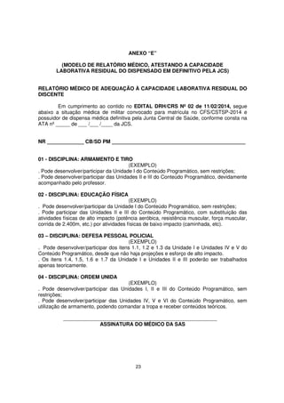 ANEXO “E”
(MODELO DE RELATÓRIO MÉDICO, ATESTANDO A CAPACIDADE
LABORATIVA RESIDUAL DO DISPENSADO EM DEFINITIVO PELA JCS)
RELATÓRIO MÉDICO DE ADEQUAÇÃO À CAPACIDADE LABORATIVA RESIDUAL DO
DISCENTE
Em cumprimento ao contido no EDITAL DRH/CRS Nº 02 de 11/02/2014, segue
abaixo a situação médica de militar convocado para matrícula no CFS/CSTSP-2014 e
possuidor de dispensa médica definitiva pela Junta Central de Saúde, conforme consta na
ATA nº _____ de ___ /___ /____ da JCS.
NR _____________ CB/SD PM _______________________________________________
01 - DISCIPLINA: ARMAMENTO E TIRO
(EXEMPLO)
. Pode desenvolver/participar da Unidade I do Conteúdo Programático, sem restrições;
. Pode desenvolver/participar das Unidades II e III do Conteúdo Programático, devidamente
acompanhado pelo professor.
02 - DISCIPLINA: EDUCAÇÃO FÍSICA

(EXEMPLO)
. Pode desenvolver/participar da Unidade I do Conteúdo Programático, sem restrições;
. Pode participar das Unidades II e III do Conteúdo Programático, com substituição das
atividades físicas de alto impacto (potência aeróbica, resistência muscular, força muscular,
corrida de 2.400m, etc.) por atividades físicas de baixo impacto (caminhada, etc).
03 – DISCIPLINA: DEFESA PESSOAL POLICIAL
(EXEMPLO)
. Pode desenvolver/participar dos itens 1.1, 1.2 e 1.3 da Unidade I e Unidades IV e V do
Conteúdo Programático, desde que não haja projeções e esforço de alto impacto.
. Os itens 1.4, 1.5, 1.6 e 1.7 da Unidade I e Unidades II e III poderão ser trabalhados
apenas teoricamente.
04 - DISCIPLINA: ORDEM UNIDA
(EXEMPLO)
. Pode desenvolver/participar das Unidades I, II e III do Conteúdo Programático, sem
restrições;
. Pode desenvolver/participar das Unidades IV, V e VI do Conteúdo Programático, sem
utilização de armamento, podendo comandar a tropa e receber conteúdos teóricos.
______________________________________________________
ASSINATURA DO MÉDICO DA SAS

23

 
