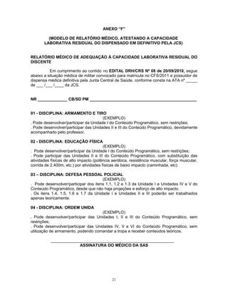 ANEXO “F”
(MODELO DE RELATÓRIO MÉDICO, ATESTANDO A CAPACIDADE
LABORATIVA RESIDUAL DO DISPENSADO EM DEFINITIVO PELA JCS)
RELATÓRIO MÉDICO DE ADEQUAÇÃO À CAPACIDADE LABORATIVA RESIDUAL DO
DISCENTE
Em cumprimento ao contido no EDITAL DRH/CRS Nº 08 de 20/09/2010, segue
abaixo a situação médica de militar convocado para matrícula no CFS/2011 e possuidor de
dispensa médica definitiva pela Junta Central de Saúde, conforme consta na ATA nº _____
de ___ /___ /____ da JCS.
NR _____________ CB/SD PM _______________________________________________
01 - DISCIPLINA: ARMAMENTO E TIRO
(EXEMPLO)
. Pode desenvolver/participar da Unidade I do Conteúdo Programático, sem restrições;
. Pode desenvolver/participar das Unidades II e III do Conteúdo Programático, devidamente
acompanhado pelo professor.
02 - DISCIPLINA: EDUCAÇÃO FÍSICA
(EXEMPLO)
. Pode desenvolver/participar da Unidade I do Conteúdo Programático, sem restrições;
. Pode participar das Unidades II e III do Conteúdo Programático, com substituição das
atividades físicas de alto impacto (potência aeróbica, resistência muscular, força muscular,
corrida de 2.400m, etc.) por atividades físicas de baixo impacto (caminhada, etc).
03 – DISCIPLINA: DEFESA PESSOAL POLICIAL
(EXEMPLO)
. Pode desenvolver/participar dos itens 1.1, 1.2 e 1.3 da Unidade I e Unidades IV e V do
Conteúdo Programático, desde que não haja projeções e esforço de alto impacto.
. Os itens 1.4, 1.5, 1.6 e 1.7 da Unidade I e Unidades II e III poderão ser trabalhados
apenas teoricamente.
04 - DISCIPLINA: ORDEM UNIDA
(EXEMPLO)
. Pode desenvolver/participar das Unidades I, II e III do Conteúdo Programático, sem
restrições;
. Pode desenvolver/participar das Unidades IV, V e VI do Conteúdo Programático, sem
utilização de armamento, podendo comandar a tropa e receber conteúdos teóricos.
______________________________________________________
ASSINATURA DO MÉDICO DA SAS
21
 