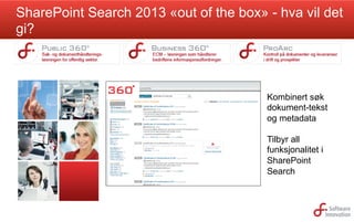 SharePoint Search 2013 «out of the box» - hva vil det
gi?

Kombinert søk
dokument-tekst
og metadata
Tilbyr all
funksjonalitet i
SharePoint
Search

 