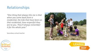 Relationships
“One thing that always hits me is that
when you come back from a
residential, the kids that have been on
that residential, how respectful they
are to you. They’ll always remember
it for the whole year.”
Secondary school teacher
 