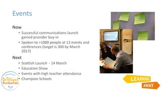 Events
Now
• Successful communications launch
gained provider buy-in
• Spoken to >1000 people at 13 events and
conferences (target is 300 by March
2017)
Next
• Scottish Launch - 14 March
• Education Show
• Events with high teacher attendance
• Champion Schools
 