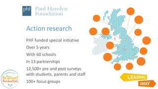 Action research
PHF funded special initiative
Over 5 years
With 60 schools
In 13 partnerships
12,500+ pre and post surveys
with students, parents and staff
100+ focus groups
 