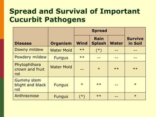 Spread and Survival of Important
Cucurbit Pathogens
                                        Spread

                                         Rain        Survive
 Disease            Organism     Wind   Splash Water in Soil
 Downy mildew       Water Mold    **     (*)     --     --
 Powdery mildew      Fungus       **      --     --     --
 Phytophthora
                    Water Mold
 crown and fruit                  --      *      **    **
 rot
 Gummy stem
 blight and black    Fungus       *      **      --     *
 rot
 Anthracnose         Fungus      (*)     **      --     *
 