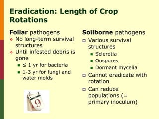 Eradication: Length of Crop
Rotations
Foliar pathogens               Soilborne pathogens
   No long-term survival         Various survival
    structures                     structures
   Until infested debris is          Sclerotia
    gone                              Oospores
       ≤ 1 yr for bacteria
                                      Dormant mycelia
       1-3 yr for fungi and
                                  Cannot eradicate with
        water molds
                                   rotation
                                  Can reduce
                                   populations (=
                                   primary inoculum)
 