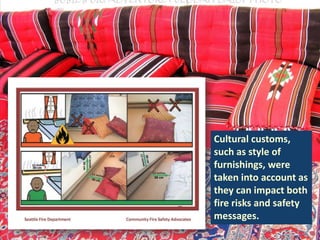 Cultural customs,
such as style of
furnishings, were
taken into account as
they can impact both
fire risks and safety
messages.

 