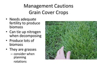 Management Cautions
Grain Cover Crops
• Needs adequate
fertility to produce
biomass
• Can tie up nitrogen
when decomposing
• Produce lots of
biomass
• They are grasses
– consider when
planning
rotations

 