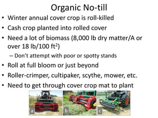 Organic No-till
• Winter annual cover crop is roll-killed
• Cash crop planted into rolled cover
• Need a lot of biomass (8,000 lb dry matter/A or
over 18 lb/100 ft2)
– Don’t attempt with poor or spotty stands

• Roll at full bloom or just beyond
• Roller-crimper, cultipaker, scythe, mower, etc.
• Need to get through cover crop mat to plant

 