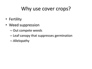 Why use cover crops?
• Fertility
• Weed suppression
– Out compete weeds
– Leaf canopy that suppresses germination
– Allelopathy

 