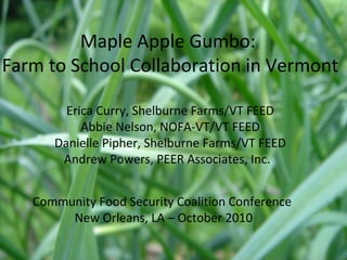 Maple Apple Gumbo:
Farm to School Collaboration in Vermont
Erica Curry, Shelburne Farms/VT FEED
Abbie Nelson, NOFA-VT/VT FEED
Danielle Pipher, Shelburne Farms/VT FEED
Andrew Powers, PEER Associates, Inc.
Community Food Security Coalition Conference
New Orleans, LA – October 2010
 