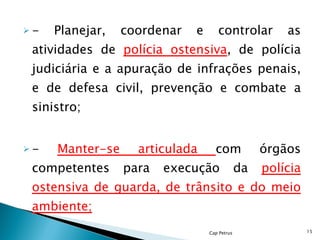 - Planejar, coordenar e controlar as atividades de  polícia ostensiva , de polícia judiciária e a apuração de infrações penais, e de defesa civil, prevenção e combate a sinistro; -  Manter-se articulada  com órgãos competentes para execução da  polícia ostensiva de guarda, de trânsito e do meio ambiente; Cap Petrus 
