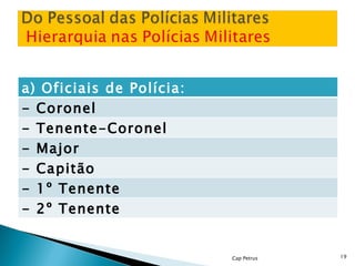 Cap Petrus a) Oficiais de Polícia:  - Coronel  - Tenente-Coronel  - Major  - Capitão  - 1º Tenente  - 2º Tenente  