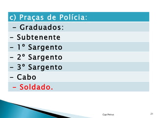 Cap Petrus c) Praças de Polícia:  - Graduados:  - Subtenente  - 1º Sargento  - 2º Sargento  - 3º Sargento  - Cabo  - Soldado.  