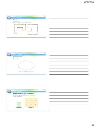 15/01/2016
38
Grandezas e medidas
Ideia de perímetro
Perímetro
FOTOS:SÉRGIODOTTAJR./ARQUIVODAEDITORA
Perímetro é a medida do comprimento de um contorno.
112
Grandezas e medidas
Perímetro de um polígono
O perímetro de um polígono é soma das medidas do comprimento
dos seus lados.
3 cm + 3 cm + 2 cm + 2 cm + 2 cm = 12 cm
3 cm 3 cm
2 cm
2 cm
2 cm
113
Grandezas e medidas
Calcular a área de uma figura plana é medir a região do plano
ocupada por essa figura. Isso é feito comparando-se a figura plana
com uma unidade de área.
unidade de área área de A = 6 U
Medida de uma superfície: área de uma região plana
U U U U
U U U
114
 
