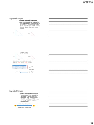 15/01/2016
54
Regra de 3 Simples
Grandezas Diretamente Proporcionais
• Num certo instante do dia, um poste com
12 m de altura projeta uma sombra de 3 m
no chão. Qual o comprimento da sombra
de uma pessoa localizada ao lado do poste,
medindo 1,6 m de altura, neste mesmo
instante?
3,0 m 1,6 m
12 m x m
Continuação
Grandezas Diretamente Proporcionais
• Quanto maior a altura, maior a sombra!
3,0 m 1,6 m
12 m x m
Altura do Objeto Altura da Sombra
3,0 m 12 m
1,6 m X m
3
1,6
=
12
𝑥
3. 𝑥 = 1,6 .12
𝑥 =
1,6 .12
3
𝑥 = 6,4 𝑚
Regra de 3 Simples
Grandezas Inversamente Proporcionais
• Um avião voando a uma velocidade de
300 km/h faz o percurso entre duas
cidades em 2 horas. Se aumentarmos a
velocidade do avião, para 400 km/h, qual
será o tempo necessário para fazer o
mesmo percurso?
A B
Velocidade = 300 km/h → Tempo = 2 horas
Velocidade = 400 km/h → Tempo = x horas
 